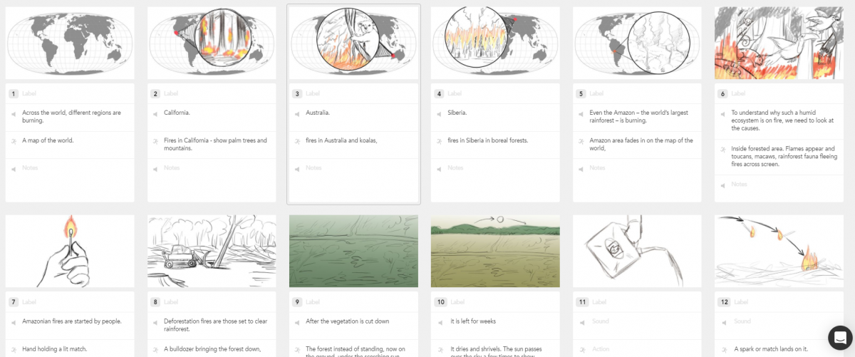 Amazon fire animation storyboard sketches.