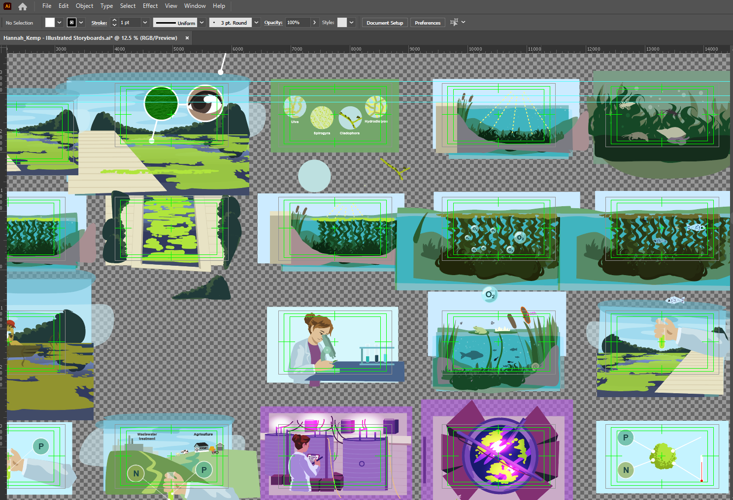 Screenshot of animation storyboards in Adobe Illustrator.
