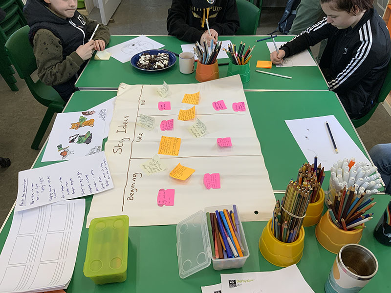 Workshop table with young people drawing and working on animation ideas.