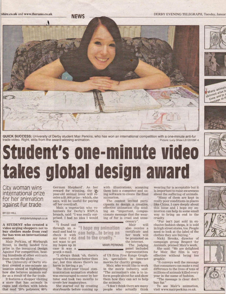 News of Mair's international animation award the Derby Telegraph.