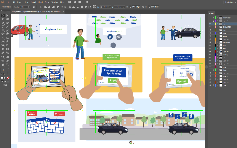 Storyboard design for Easy Lease Direct car rental explainer animation.