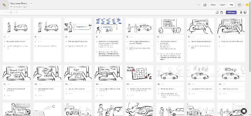 Sketched storyboards for Easy Lease Direct car rental explainer animation.
