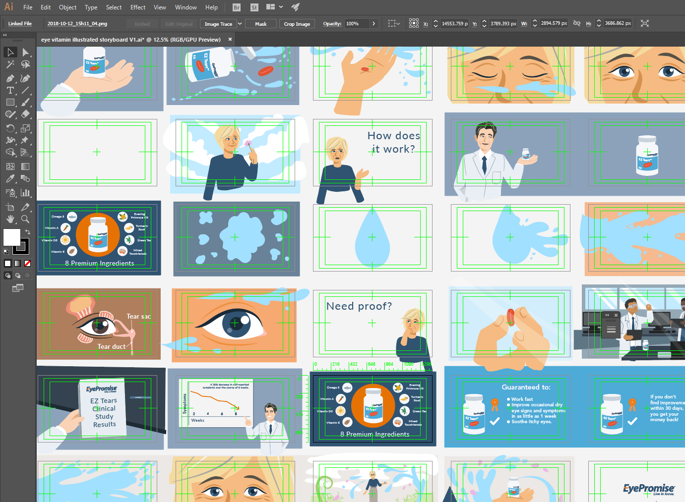 Illustration of storyboards and animation assets in Adobe Illustrator.
