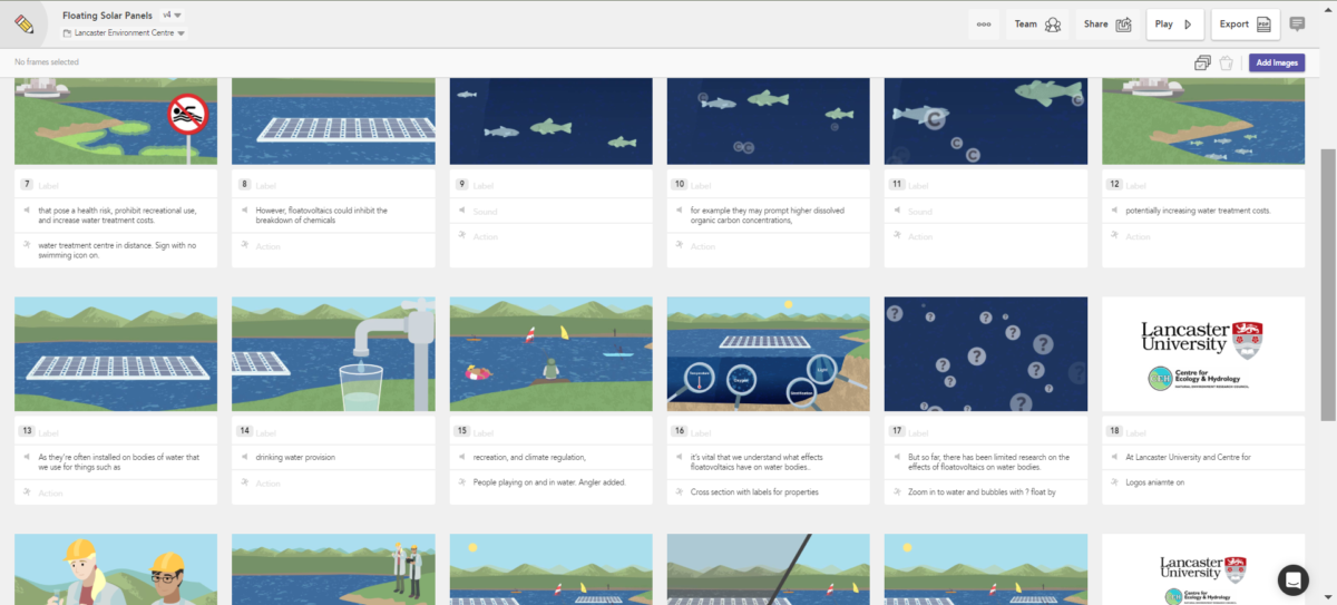 Illustrated storyboards for floating solar research animation.