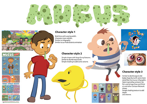 Mucus animation style and character concept art.