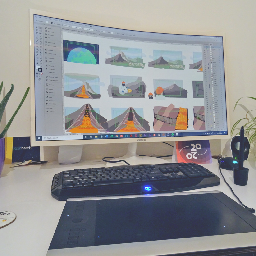 Illustration of the volcano animation storyboard frames.