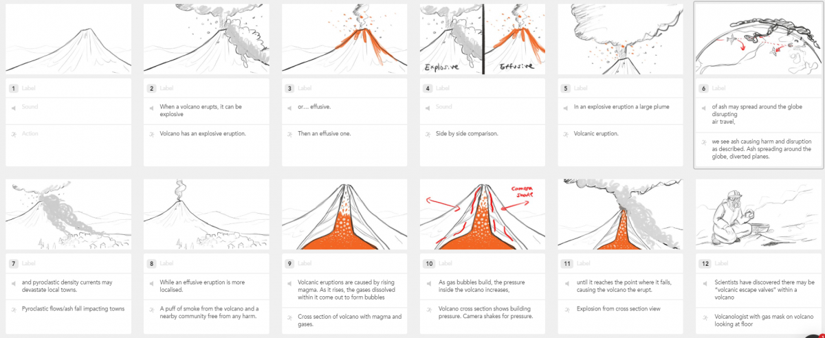 Volcano animation storyboard sketches.