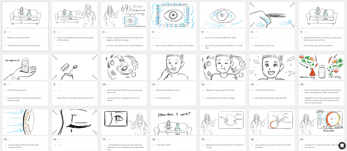 Sketched storyboards in Photoshop and Boords.