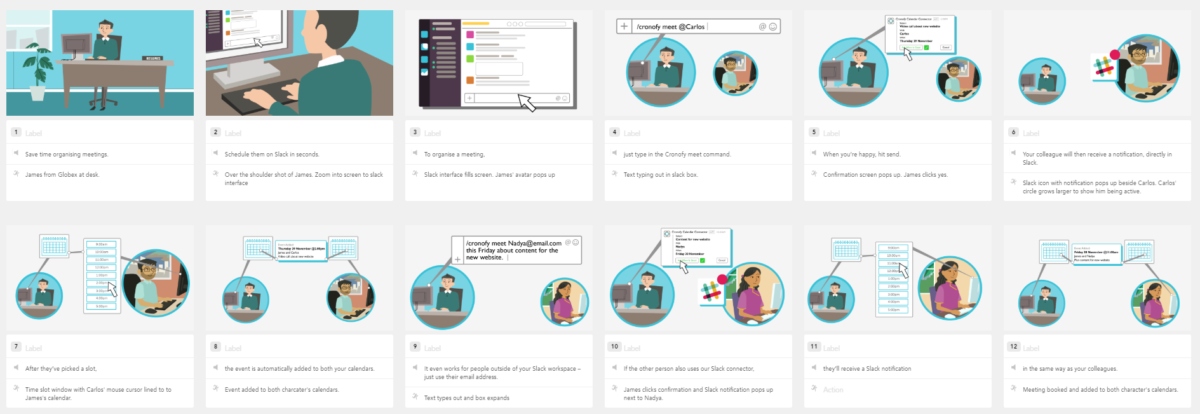 Illustrated storyboards for Slack Connect explainer animation.
