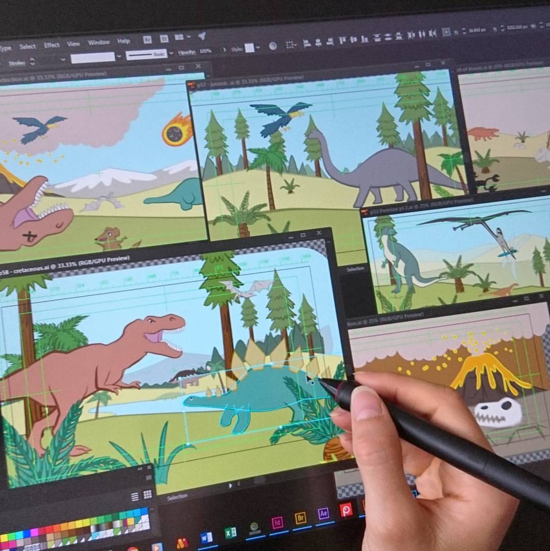Illustrating dinosaurs for the animation on a Wacom Cintiq drawing tablet.