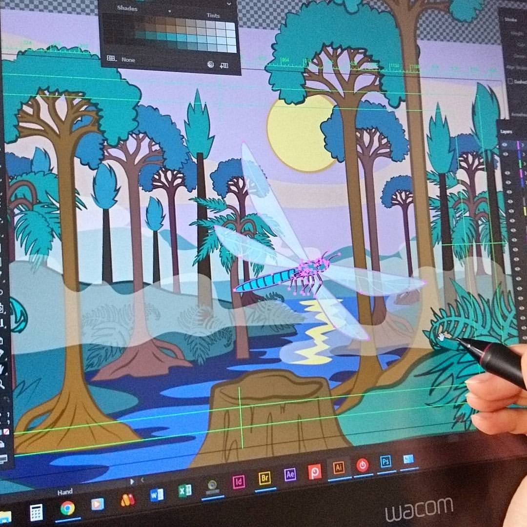 Illustrating a scene for the animation on a Wacom Cintiq drawing tablet.