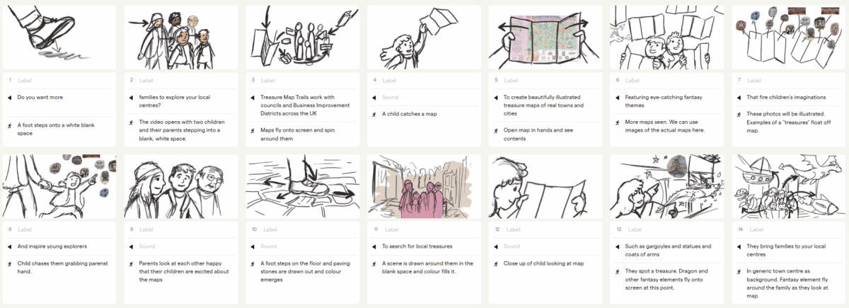 Animation storyboard sketches in the Boords software app.