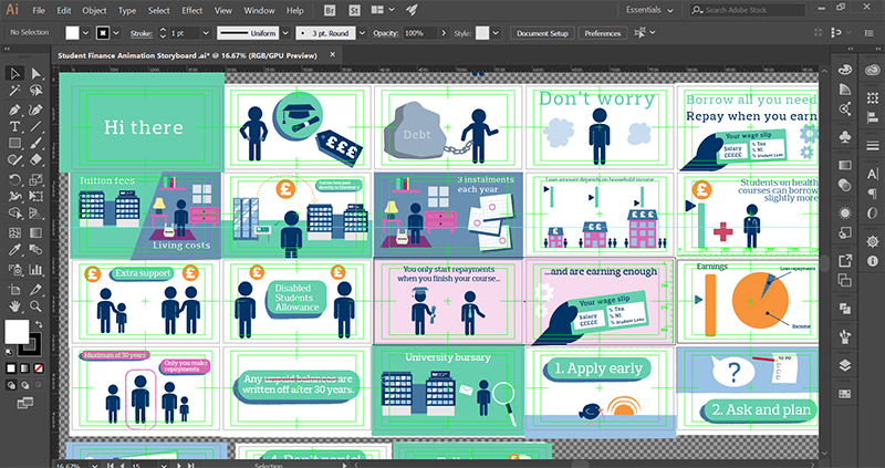 Student finance explainer animation storyboards in Adobe Illustrator.