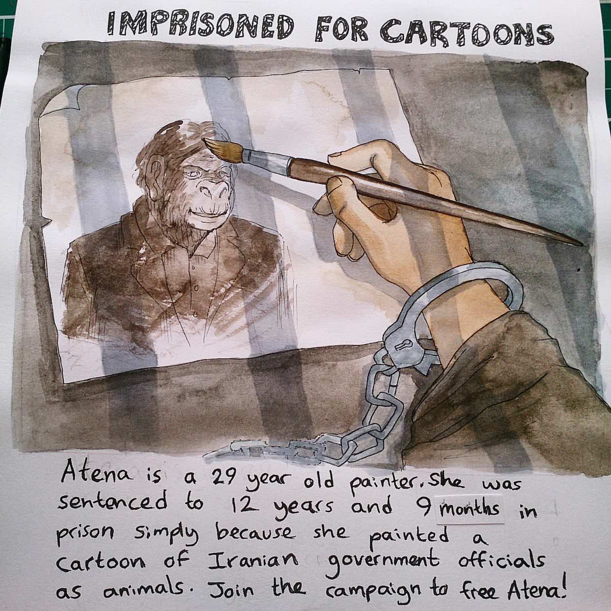 Painter Atena Farghadani imprisoned for drawing a cartoon in Iran.