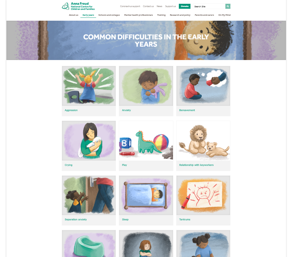 Tiled illustrations on the Anna Freud website about common difficulties in early years children.