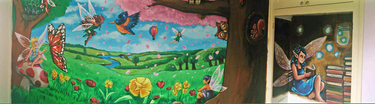 Panorama painting childrens woodland fairy mural.